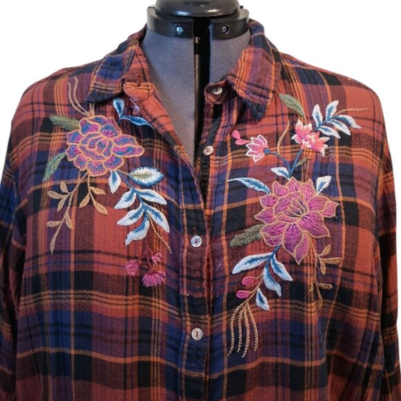 Johnny Was WS Cordelia Painters Smock Plaid Embroidered Button Front Top Sz XXL - Picture 3 of 13